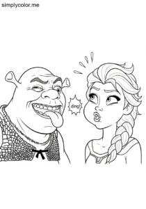 Shrek and Elsa having a silly contest to see who can make the funniest face coloring page