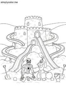 Spider-Man and Olaf trying to build a snow fort that slides like a water park coloring page