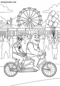 Spider-Man and Shrek riding a tandem bicycle through a busy fairground coloring page Spider-Man and Shrek riding a tandem bicycle through a busy fairground coloring page
