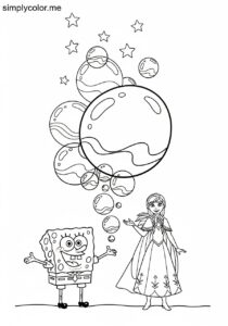 SpongeBob and Anna from Frozen making giant bubbles that magically change colors coloring page
