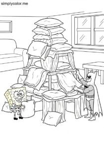 SpongeBob and Batman building a giant fort made of pillows and blankets in a colorful room coloring page SpongeBob and Batman building a giant fort made of pillows and blankets in a colorful room coloring page