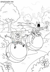 SpongeBob and Batman having a silly race on giant bouncy balls through a colorful city park coloring page SpongeBob and Batman having a silly race on giant bouncy balls through a colorful city park coloring page