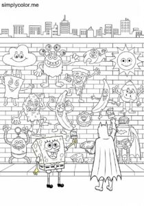 SpongeBob and Batman painting a giant mural on a city wall full of funny characters coloring page SpongeBob and Batman painting a giant mural on a city wall full of funny characters coloring page