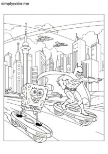 SpongeBob and Batman riding colorful hoverboards through a futuristic city coloring page