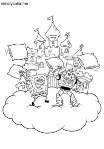SpongeBob and Buzz Lightyear having a silly pillow fight in a fluffy cloud castle coloring page SpongeBob and Buzz Lightyear having a silly pillow fight in a fluffy cloud castle coloring page