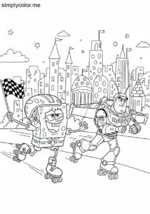 SpongeBob and Buzz Lightyear having a silly race on roller skates through a sparkling city coloring page SpongeBob and Buzz Lightyear having a silly race on roller skates through a sparkling city coloring page