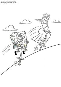 SpongeBob and Elsa competing in a silly race on pogo sticks down a hill coloring page SpongeBob and Elsa competing in a silly race on pogo sticks down a hill coloring page
