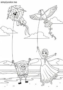 SpongeBob and Elsa flying colorful kites shaped like animals on a breezy beach day coloring page