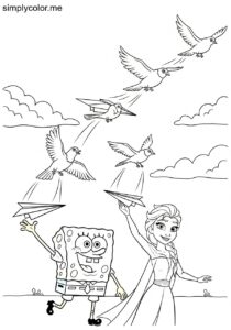 SpongeBob and Elsa flying paper airplanes that turn into colorful birds in the sky coloring page