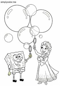 SpongeBob and Elsa making giant bouncy bubbles that change colors on a sunny day coloring page