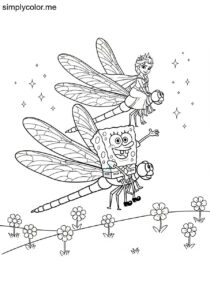 SpongeBob and Elsa riding giant dragonflies through a sparkling meadow full of flowers coloring page