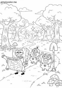 SpongeBob and Minions going on a silly treasure hunt through a magical forest coloring page