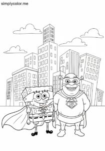 SpongeBob and Shrek dressing up as superheroes and saving a pretend city coloring page SpongeBob and Shrek dressing up as superheroes and saving a pretend city coloring page
