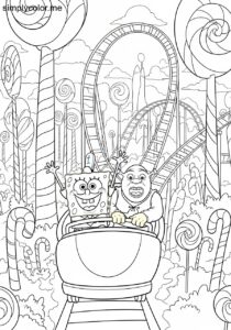 SpongeBob and Shrek riding a roller coaster through a candy cane forest coloring page