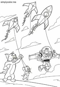 Tom and Jerry and Buzz Lightyear flying kites shaped like rocket ships on a windy day coloring page