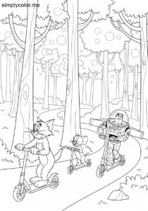Tom and Jerry and Buzz Lightyear riding colorful scooters through a magical forest full of glowing lights coloring page Tom and Jerry and Buzz Lightyear riding colorful scooters through a magical forest full of glowing lights coloring page