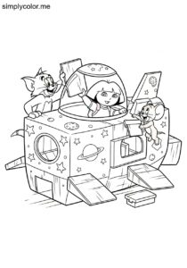 Tom and Jerry and Dora the Explorer building a giant cardboard spaceship decorated with stars and planets coloring page