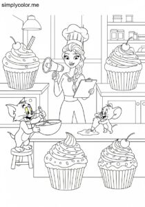 Tom and Jerry and Elsa hosting a funny bakery contest with giant cupcakes coloring page