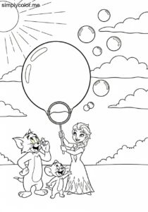 Tom and Jerry and Elsa making giant bubbles that float up to the clouds on a sunny day coloring page