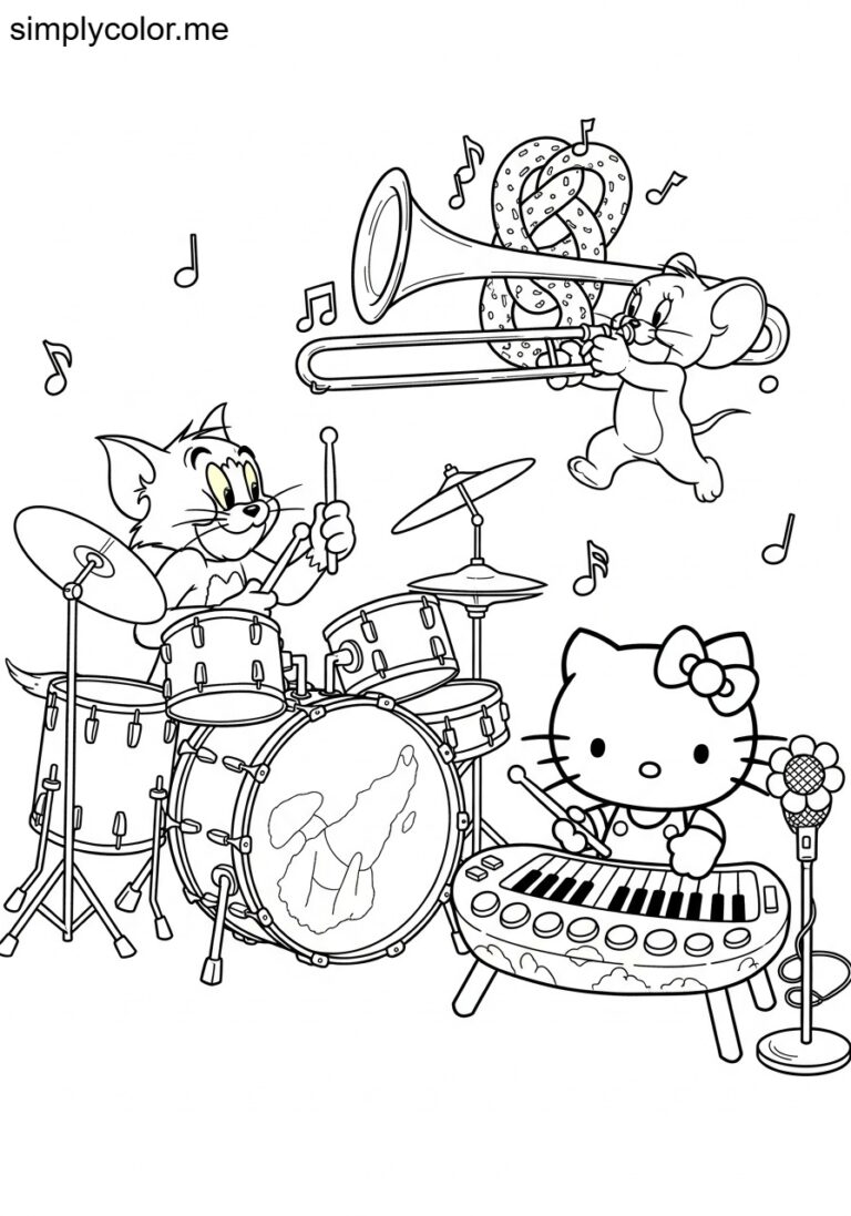 Tom and Jerry and Hello Kitty playing funny musical instruments in a ...