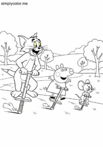Tom and Jerry and Peppa Pig having a silly race on colorful pogo sticks through the park coloring page Tom and Jerry and Peppa Pig having a silly race on colorful pogo sticks through the park coloring page
