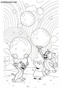 Tom and Jerry and Peppa Pig making giant bubbles that float up to a rainbow-colored sky coloring page Tom and Jerry and Peppa Pig making giant bubbles that float up to a rainbow-colored sky coloring page