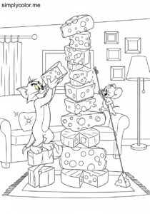 Tom and Jerry joining forces to build a giant cheese tower in the living room coloring page Tom and Jerry joining forces to build a giant cheese tower in the living room coloring page