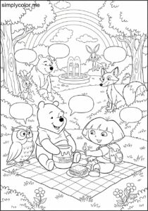 Winnie the Pooh and Dora the Explorer having a picnic with talking animals in a magical park coloring page