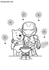 Winnie the Pooh and Iron Man having a silly barbecue with spider web decorations coloring page