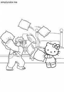 Wreck-It Ralph and Hello Kitty having a pillow fight in a bright, colorful bedroom coloring page