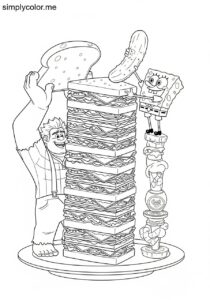 Wreck-It Ralph and SpongeBob making a giant sandwich with hundreds of layers coloring page Wreck-It Ralph and SpongeBob making a giant sandwich with hundreds of layers coloring page