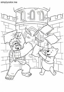 Wreck-It Ralph and Winnie the Pooh having a giant pillow fight in a castle tower coloring page
