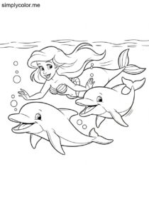 Ariel swimming with dolphins printable coloring sheet for kids Ariel swimming with dolphins printable coloring sheet for kids