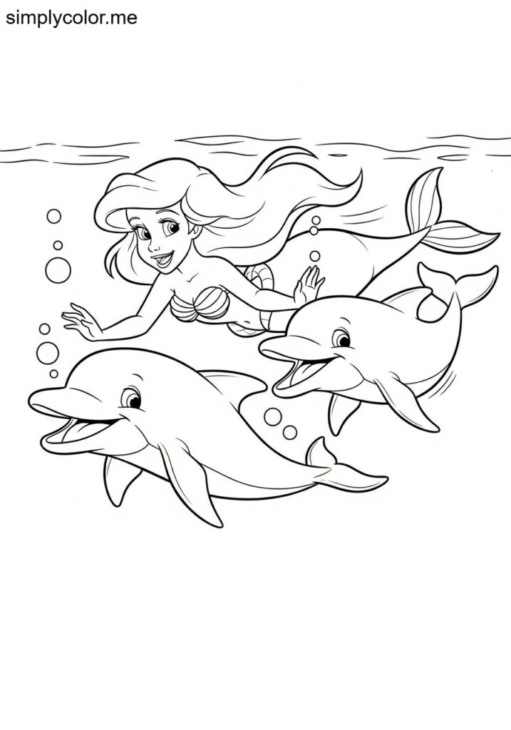 Ariel swimming with dolphins printable coloring sheet for kids