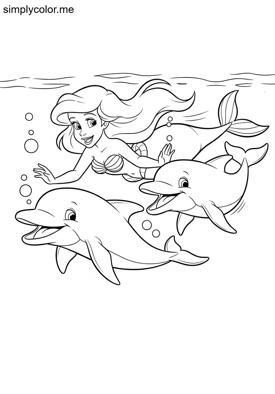 Ariel swimming with dolphins printable coloring sheet for kids
