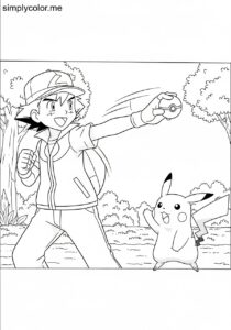 Ash Ketchum catching Pokemon printable coloring sheet for kids Ash Ketchum catching Pokemon printable coloring sheet for kids