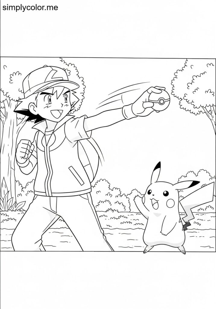 Ash Ketchum catching Pokemon printable coloring sheet for kids