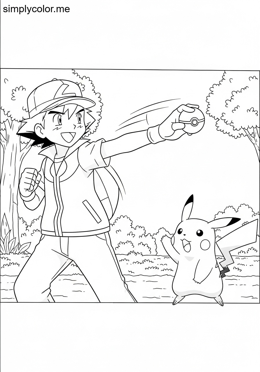 Ash Ketchum catching Pokemon printable coloring sheet for kids