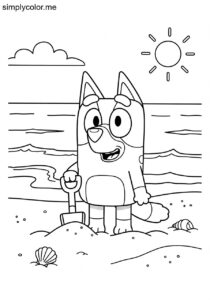 Bluey playing at the beach printable coloring sheet for kids