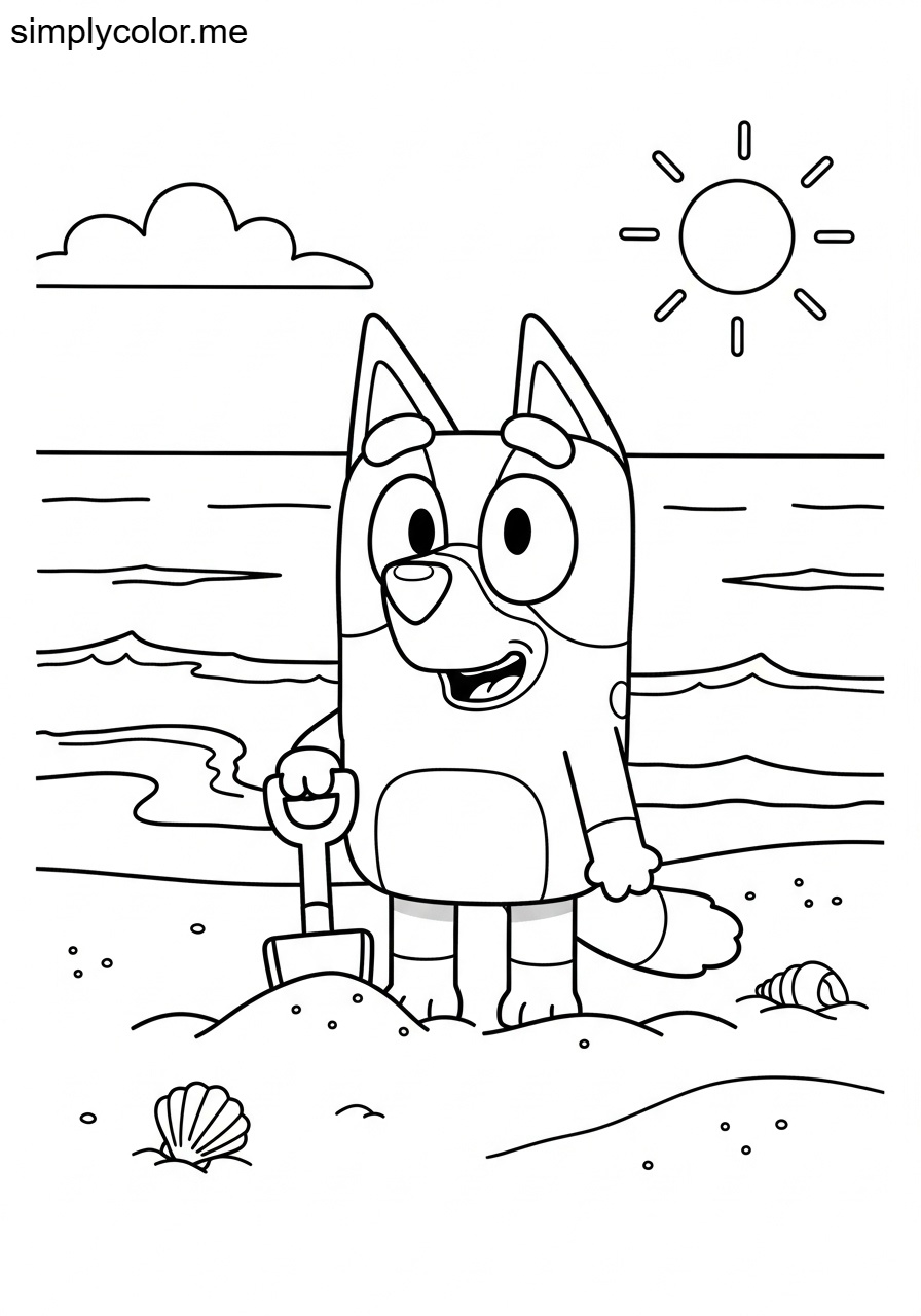 Bluey playing at the beach printable coloring sheet for kids