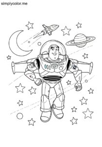 Buzz Lightyear exploring space printable coloring sheet for kids