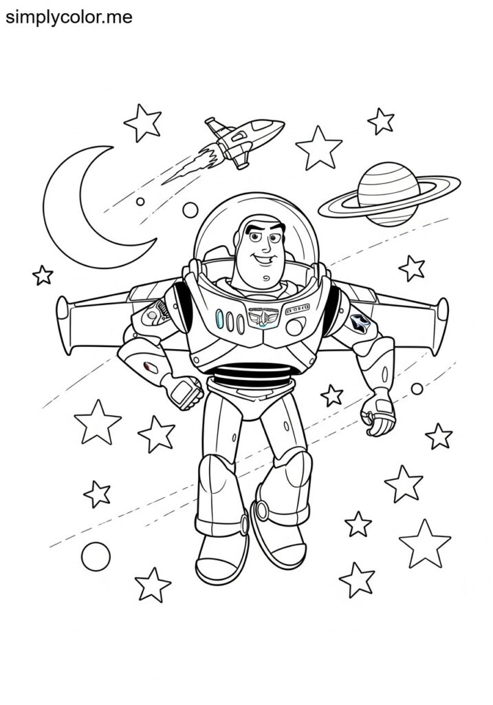 Buzz Lightyear exploring space printable coloring sheet for kids