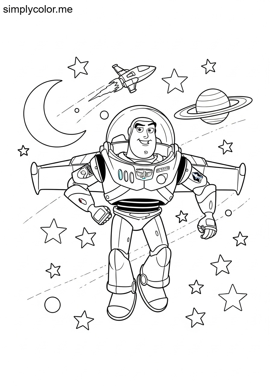 Buzz Lightyear exploring space printable coloring sheet for kids