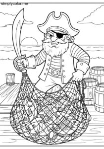 Captain Crook stealing fish printable coloring sheet for kids