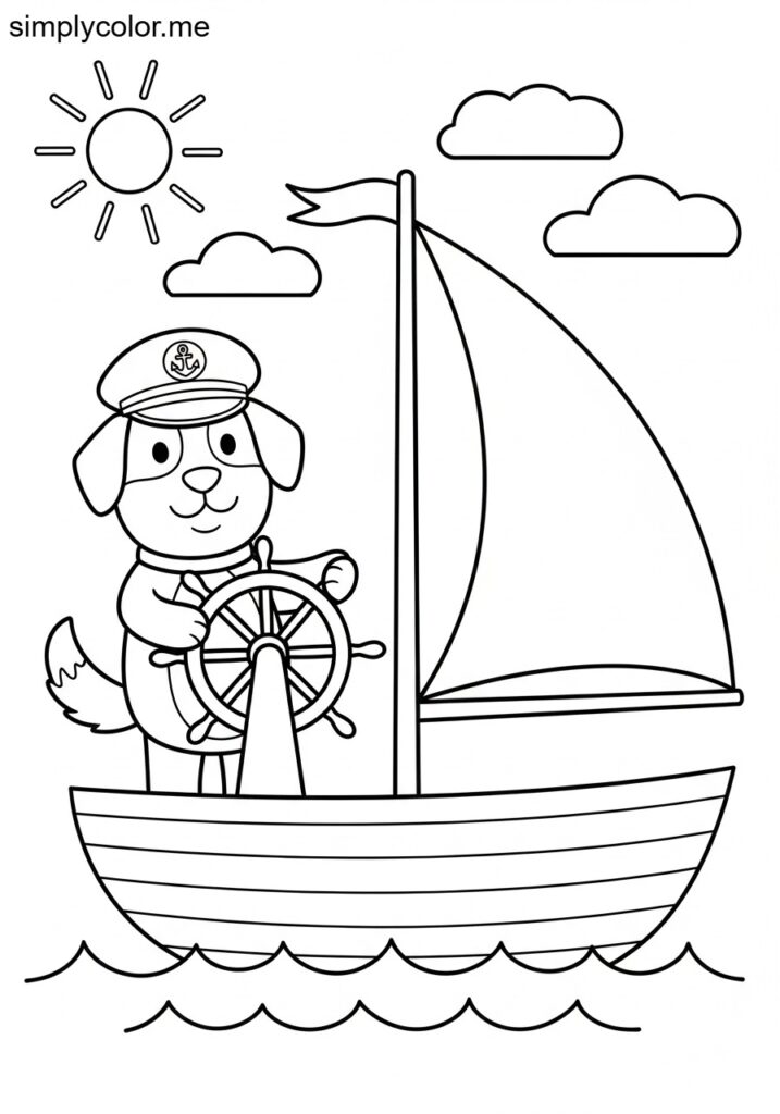 Captain Dog sailing coloring sheet for kids