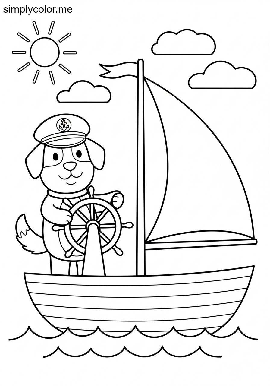Captain Dog sailing coloring sheet for kids