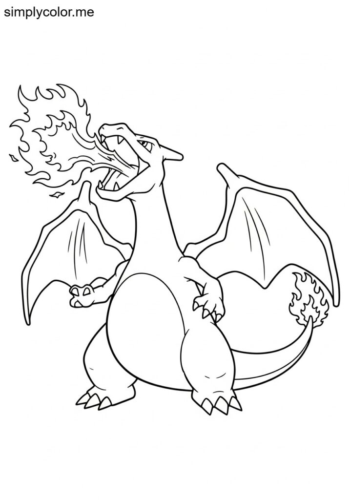 Charizard breathing fire printable coloring sheet for kids