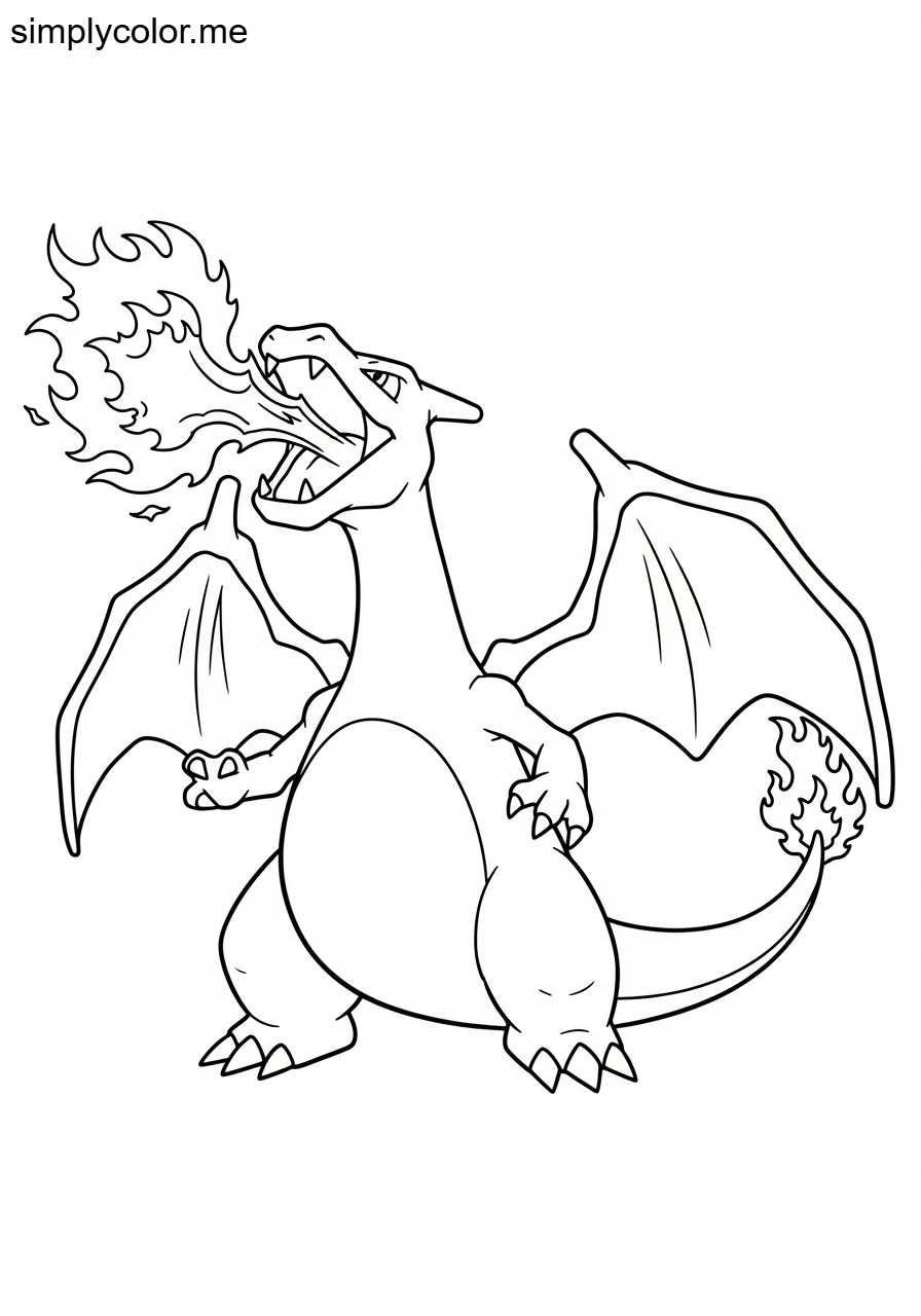 Charizard breathing fire printable coloring sheet for kids