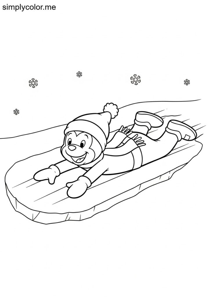 Chilly Willy sliding on ice printable coloring sheet for kids