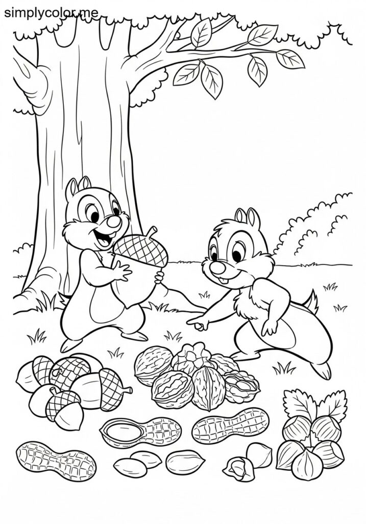 Chip and Dale gathering nuts printable coloring sheet for kids